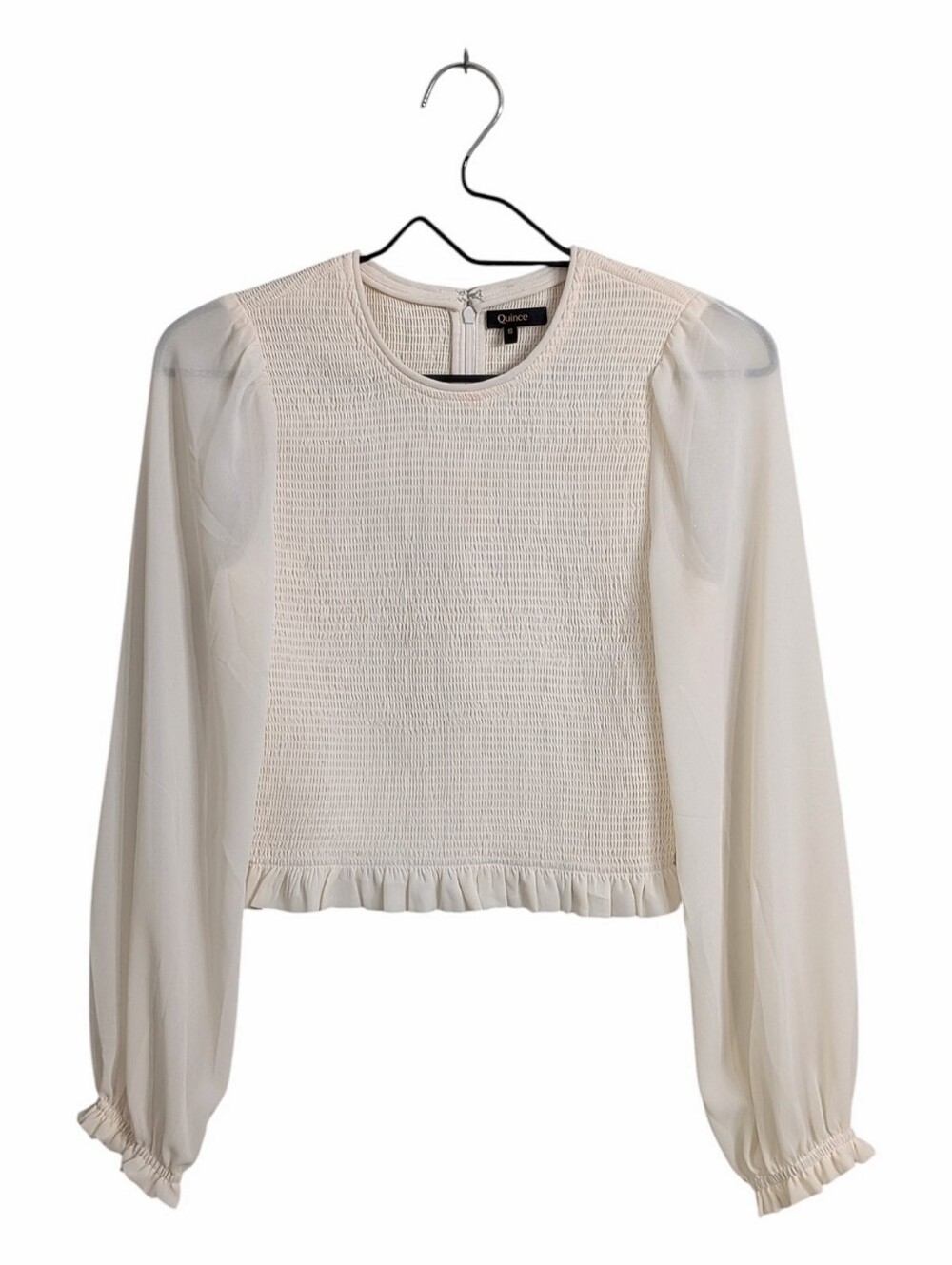 Quince Ivory Smocked Chiffon Blouse Size S Long Balloon Sleeve Cottage Old Money